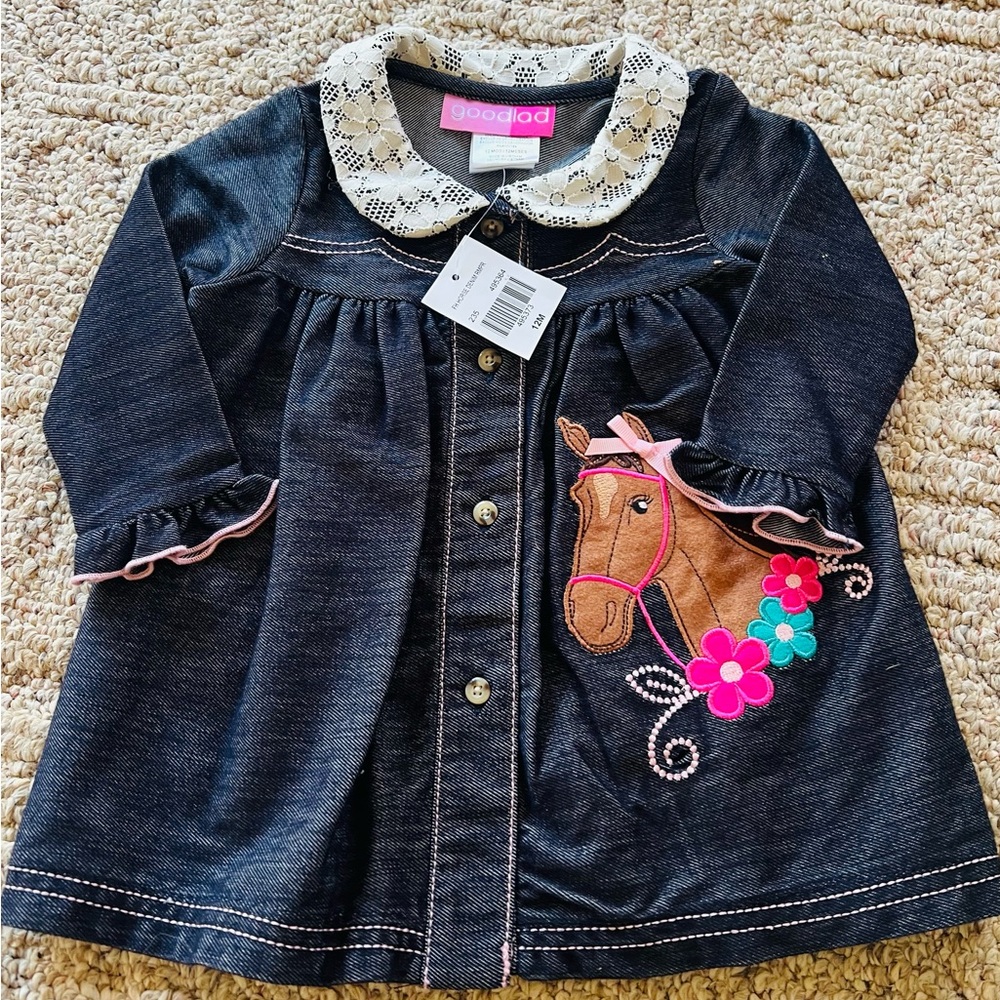 Good Lad size 12 month Dark Blue Jean shirt with Horse & Floral Embroidery! New!